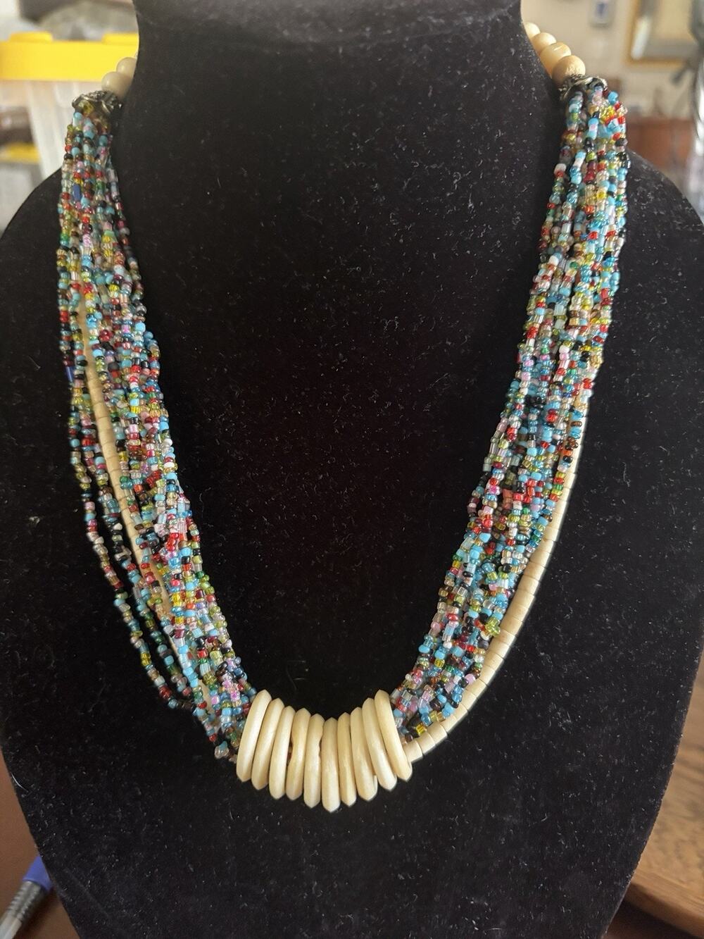 Vtg Colorful Multistrand Seed Bead & Chip Bead Statement Necklace, Hook Closure